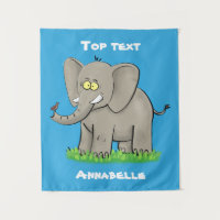 Cute funny elephant with bird on trunk cartoon