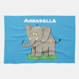 Cute funny elephant with bird on trunk cartoon tea towel