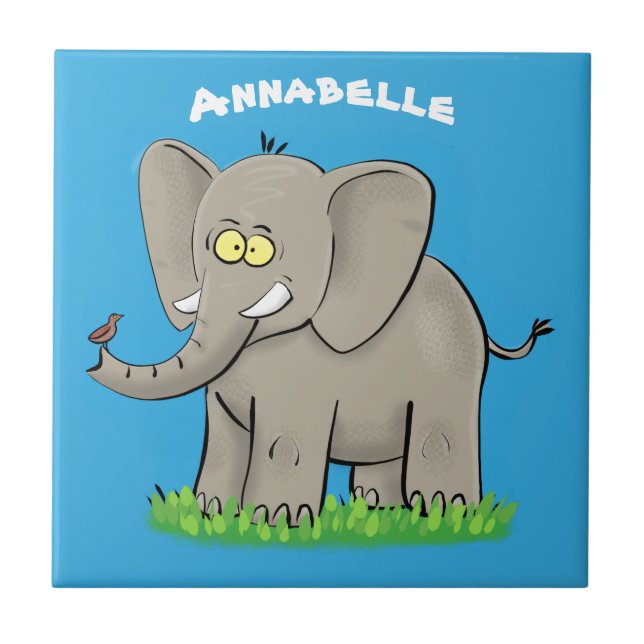 Cute funny elephant with bird on trunk cartoon tile (Front)