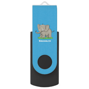 Cute funny elephant with bird on trunk cartoon USB flash drive