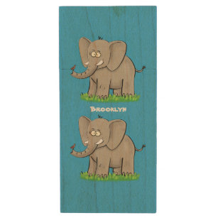 Cute funny elephant with bird on trunk cartoon wood USB flash drive