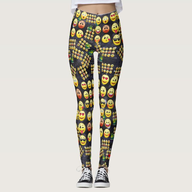 "Cute Funny Emoji Pattern Cationic Faces"  Leggings (Front)