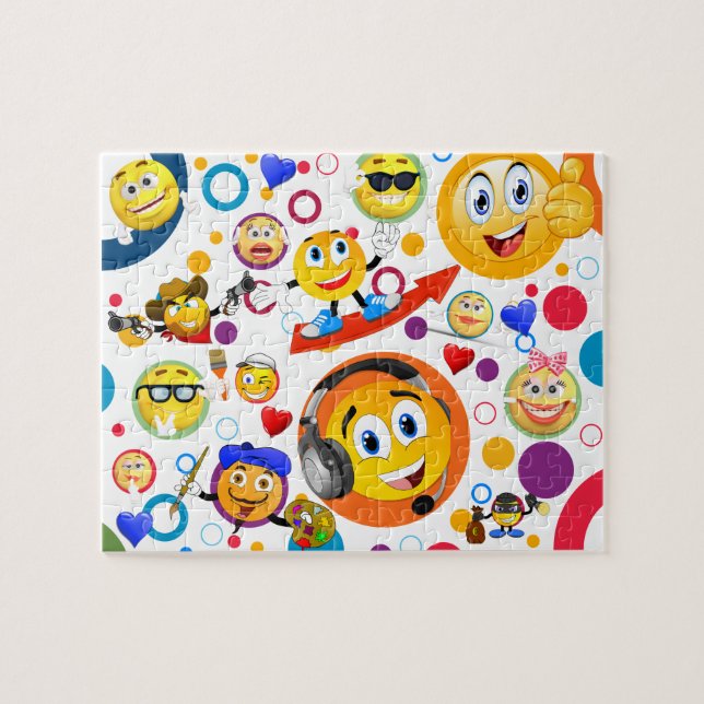 Cute Funny Emojis and colorful circles Jigsaw Puzzle (Horizontal)
