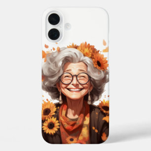 CUTE FUNNY FALL GRANDMA WITH SUNFLOWERS iPhone 16 PLUS CASE