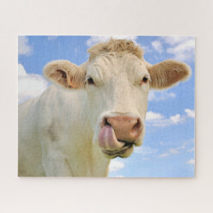 Cute Funny Farm Charolais Cow Licking Nose Jigsaw Puzzle