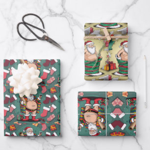 Cute funny festive father Christmas cartoons Wrapping Paper Sheet