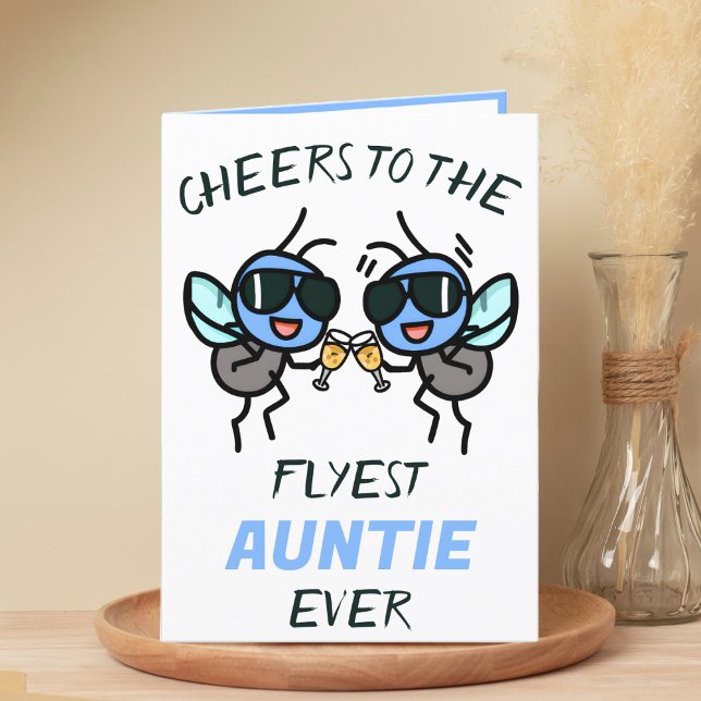 Cute Funny Fly Pun Cheers to Aunt Happy Birthday Thank You Card (funny cheers to the flyest aunt birthday card with two flies wearing sunglasses giving a toast)
