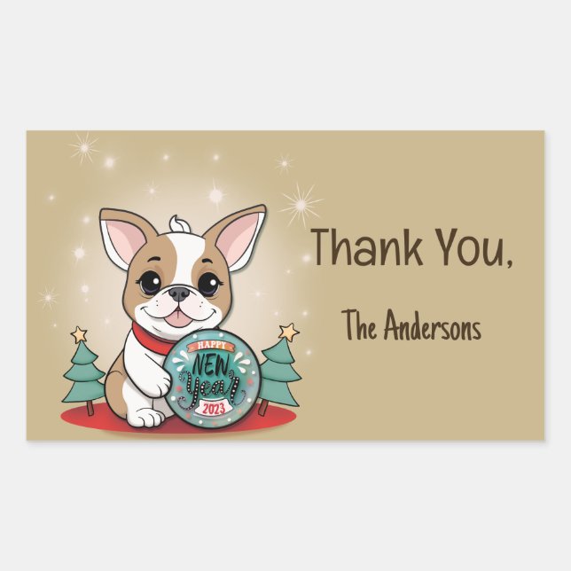 Cute Funny French Bulldog Happy New Year Rectangular Sticker (Front)