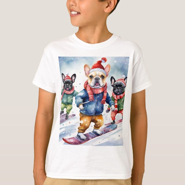 Cute Funny French Bulldogs Dog Christmas T-Shirt (Front)