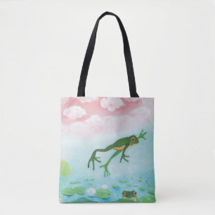 Cute Funny Frog Jumps Into The Pond Tote Bag