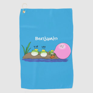 Cute funny frogs bubblegum cartoon illustration  golf towel