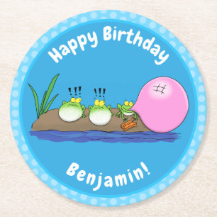 Cute funny frogs bubblegum cartoon illustration round paper coaster