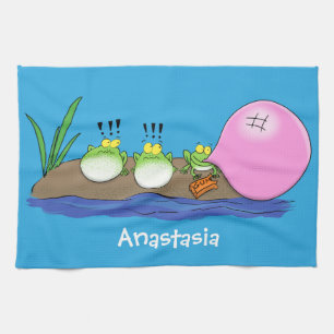 Cute funny frogs bubblegum cartoon illustration tea towel