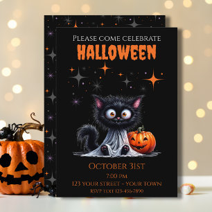Cute Funny Ghost Black Kitten Halloween  Invitation