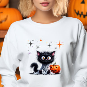 Cute Funny Ghost Black Retro Kitten Halloween  Sweatshirt