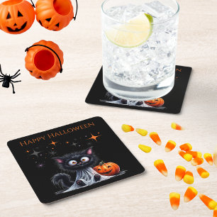 Cute Funny Ghost Kitten Halloween Trick or Treat Square Paper Coaster