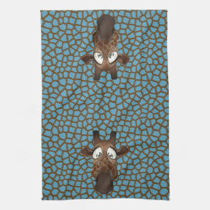 Cute Funny Giraffes Blue Animal Fur Pattern Tea Towel