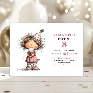 Cute Funny Girl 8th Birthday Invite Dusty Pink