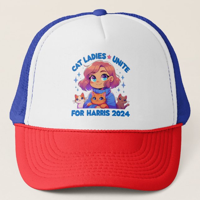 Cute Funny Girly Childless Cat Lady Unite Harris Trucker Hat (Front)