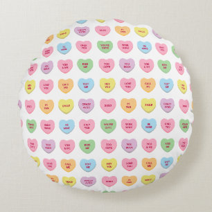 Cute funny girly custom conversation candy hearts round cushion