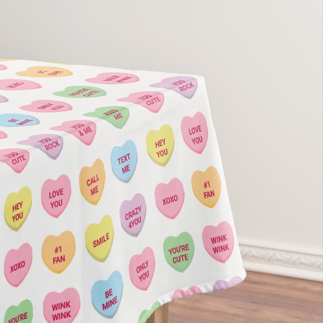 Cute funny girly custom conversation candy hearts tablecloth (In Situ)