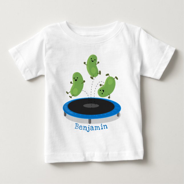 Cute funny green beans on trampoline cartoon baby T-Shirt (Front)