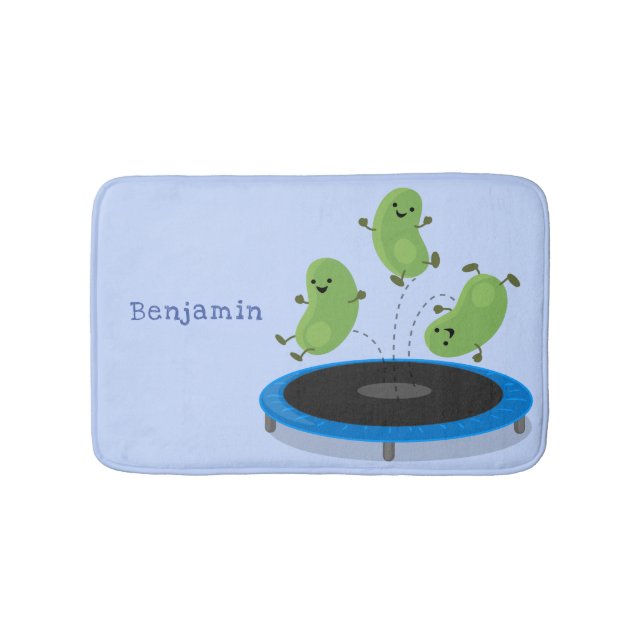 Cute funny green beans on trampoline cartoon bath mat (Front)