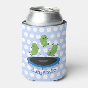 Cute funny green beans on trampoline cartoon can cooler