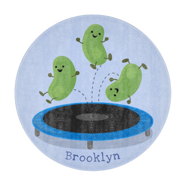 Cute funny green beans on trampoline cartoon cutting board (Front)