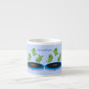 Cute funny green beans on trampoline cartoon espresso cup