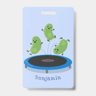 Cute funny green beans on trampoline cartoon ID badge