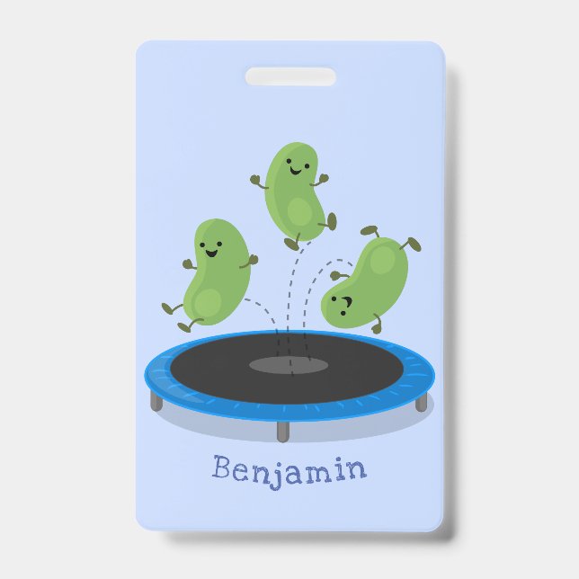 Cute funny green beans on trampoline cartoon ID badge (Front)
