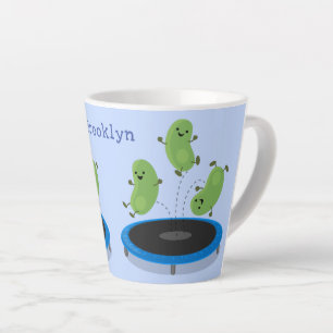 Cute funny green beans on trampoline cartoon latte mug