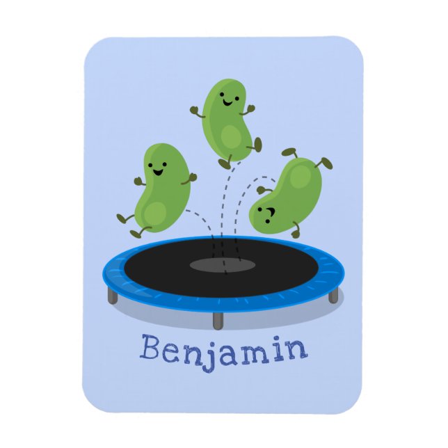 Cute funny green beans on trampoline cartoon magnet (Vertical)