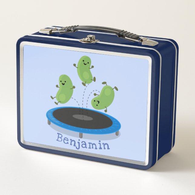 Cute funny green beans on trampoline cartoon metal lunch box (Front)