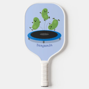 Cute funny green beans on trampoline cartoon  pickleball paddle