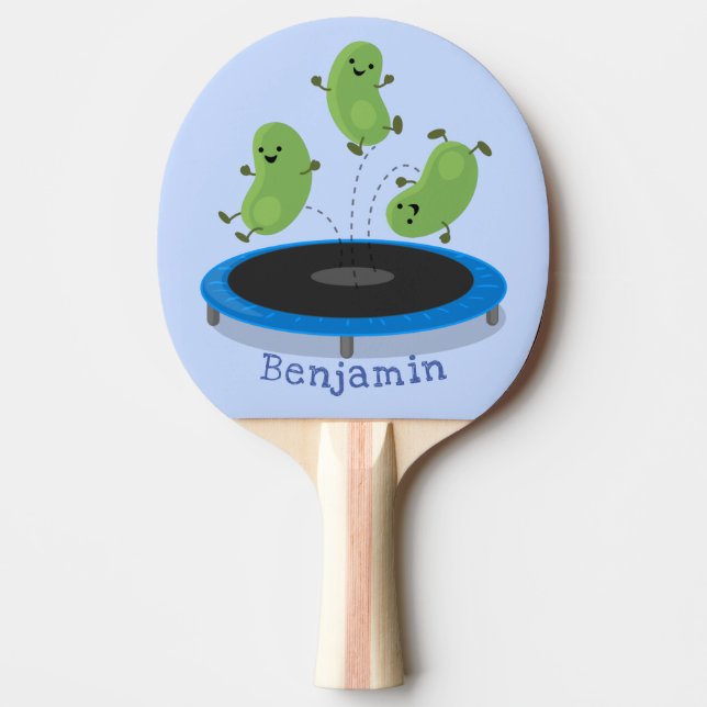 Cute funny green beans on trampoline cartoon ping pong paddle (Front)