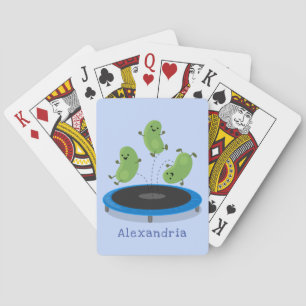 Cute funny green beans on trampoline cartoon playing cards