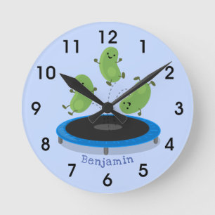 Cute funny green beans on trampoline cartoon round clock