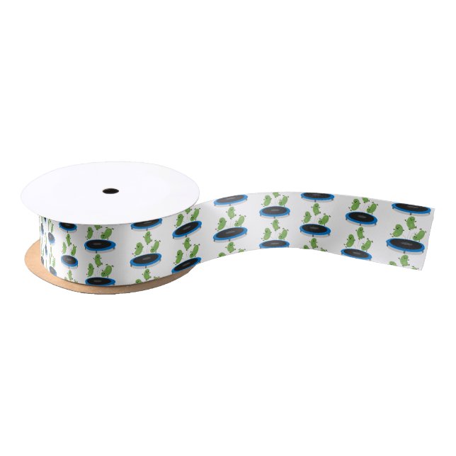 Cute funny green beans on trampoline cartoon satin ribbon (Spool)