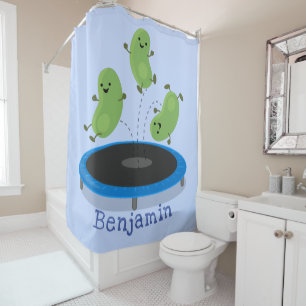 Cute funny green beans on trampoline cartoon shower curtain
