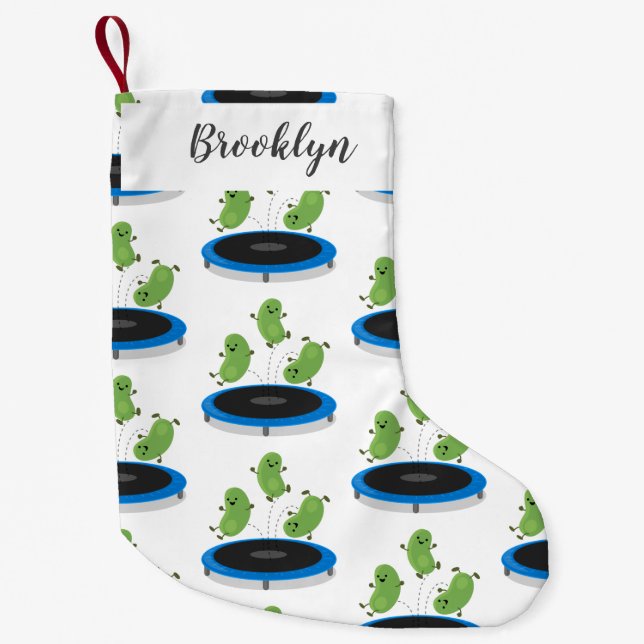Cute funny green beans on trampoline cartoon small christmas stocking (Front)