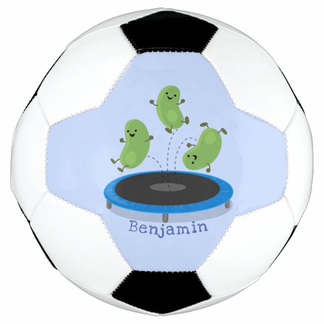 Cute funny green beans on trampoline cartoon soccer ball (Front)