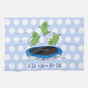 Cute funny green beans on trampoline cartoon tea towel