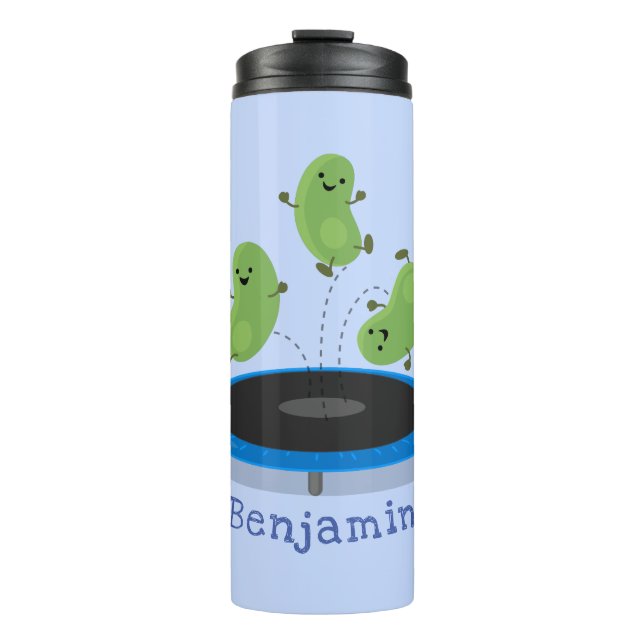 Cute funny green beans on trampoline cartoon thermal tumbler (Front)