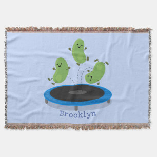 Cute funny green beans on trampoline cartoon throw blanket