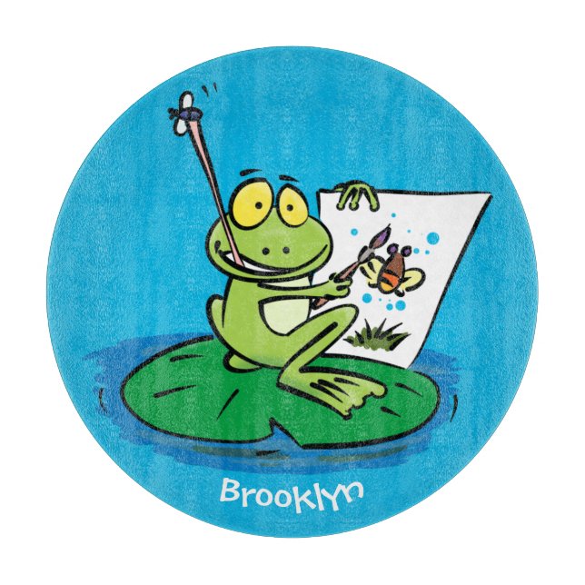 Cute funny green frog cartoon illustration cutting board (Front)