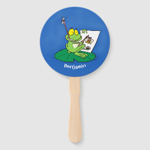 Cute funny green frog cartoon illustration hand fan