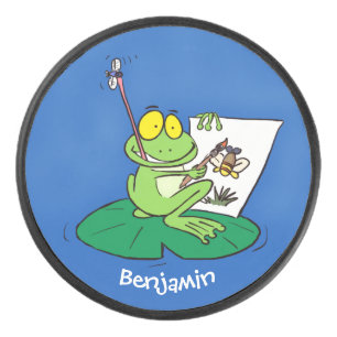 Cute funny green frog cartoon illustration hockey puck
