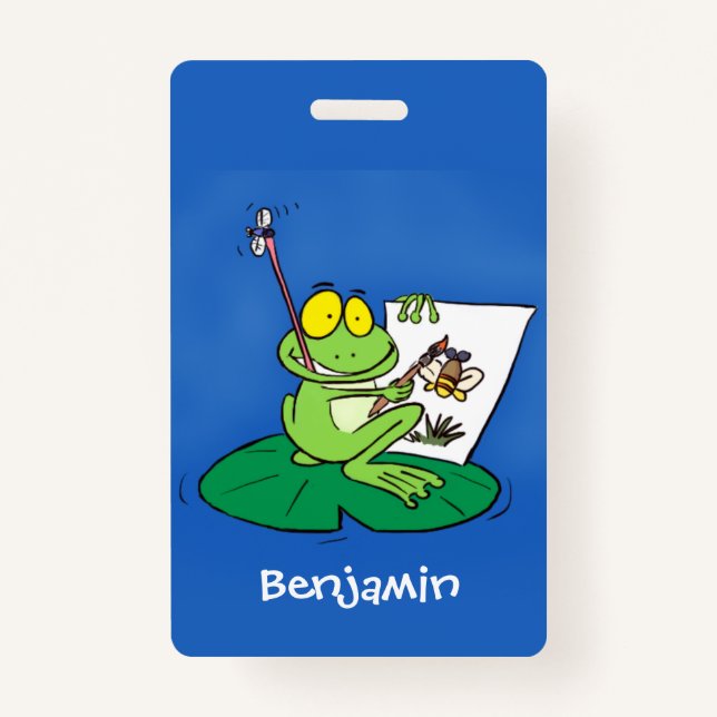 Cute funny green frog cartoon illustration ID badge (Front)
